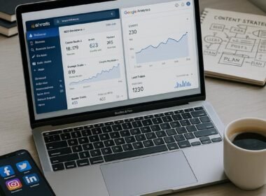 Moderner Büroarbeitsplatz mit Laptop, Smartphone, Kaffeetasse und Notizbüchern, die Content-Strategien skizzieren, im Hintergrund.
