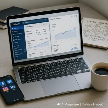 Moderner Büroarbeitsplatz mit Laptop, Smartphone, Kaffeetasse und Notizbüchern, die Content-Strategien skizzieren, im Hintergrund.