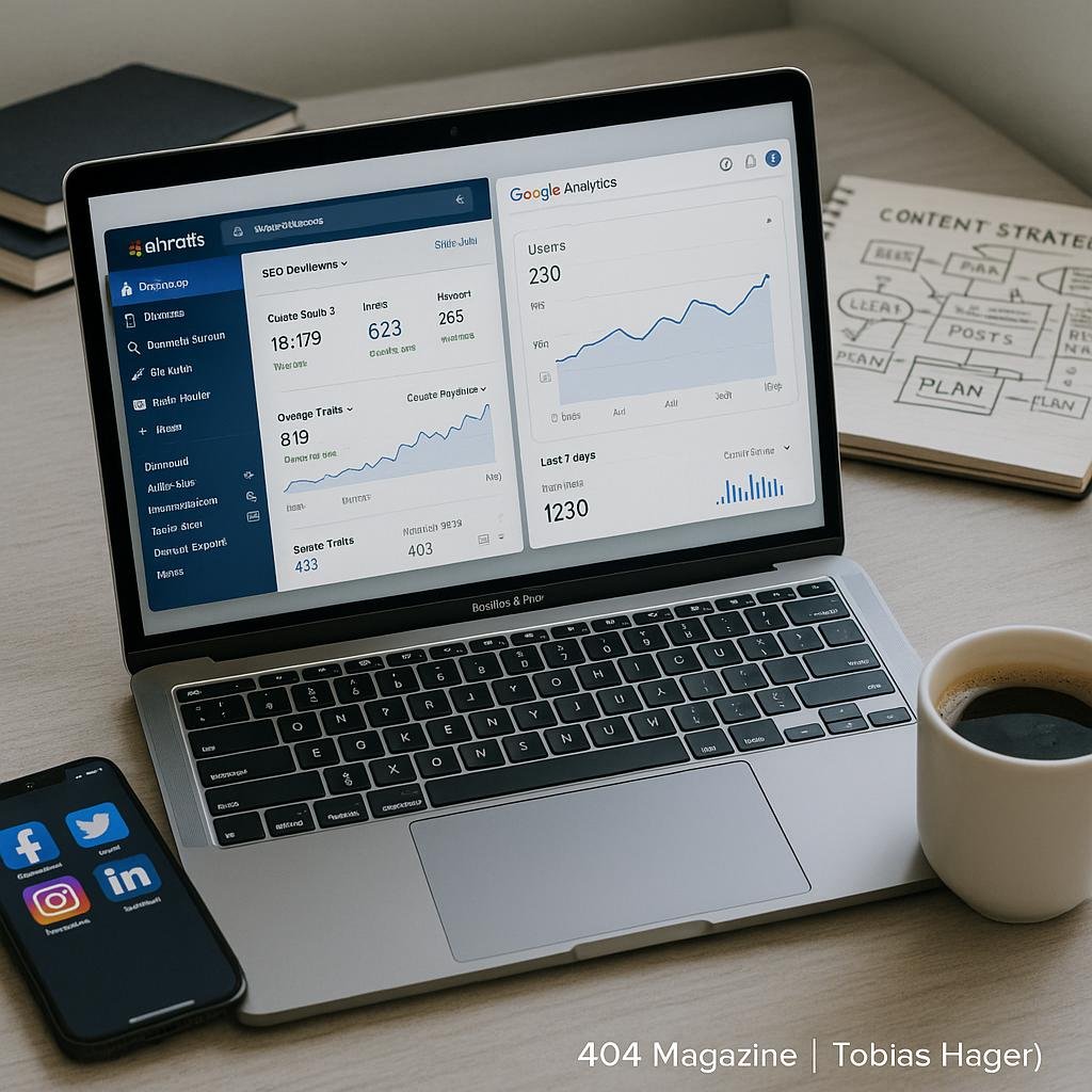Moderner Büroarbeitsplatz mit Laptop, Smartphone, Kaffeetasse und Notizbüchern, die Content-Strategien skizzieren, im Hintergrund.