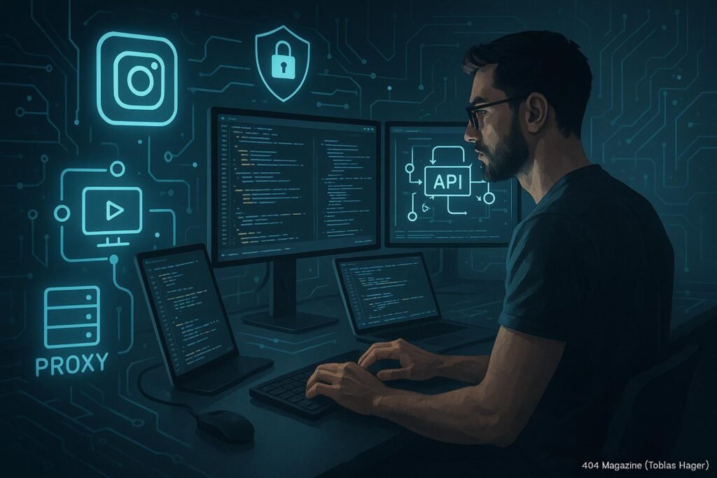Moderner Computerarbeitsplatz mit Monitoren, die Code und API-Diagramme zeigen, umgeben von digitalen Tools, Symbolen für Proxy-Management, Sicherheit und Automatisierung, mit holographischen Overlays und High-Tech-Hintergrund.