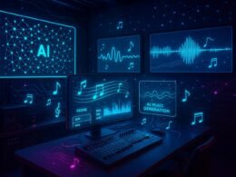 Zukunftsweisender Kontrollraum mit holografischen Interfaces, neuronalen Netzwerken und digitalen Musikvisualisierungen, dargestellt mit Neonakzenten.