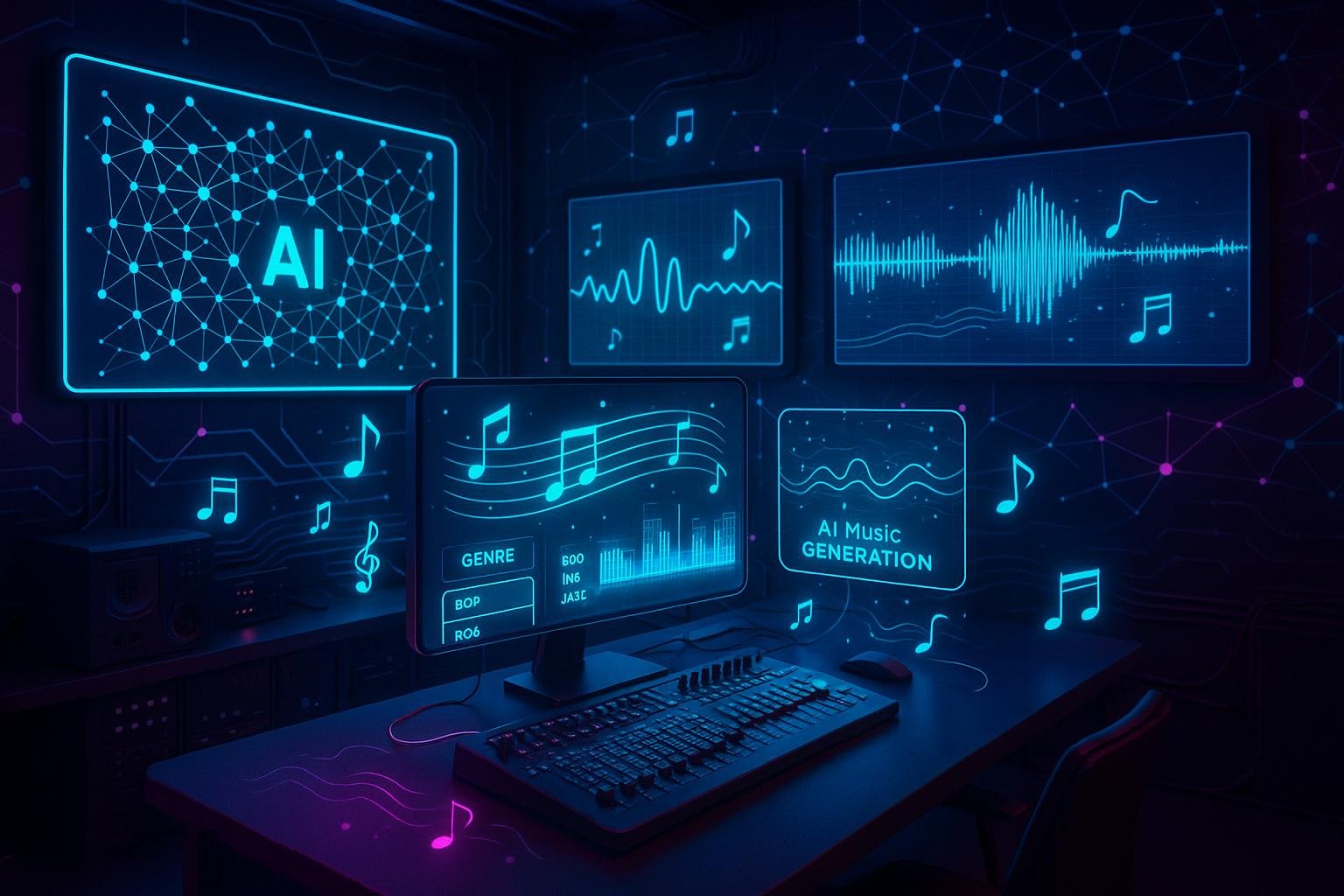 Zukunftsweisender Kontrollraum mit holografischen Interfaces, neuronalen Netzwerken und digitalen Musikvisualisierungen, dargestellt mit Neonakzenten.