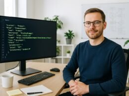 Entwickler sitzt entspannt vor einem großen Monitor, zeigt JSON-LD-Code für Product Schema Markup in einem modernen, hellen Büro mit Pflanzen und Whiteboard im Hintergrund.