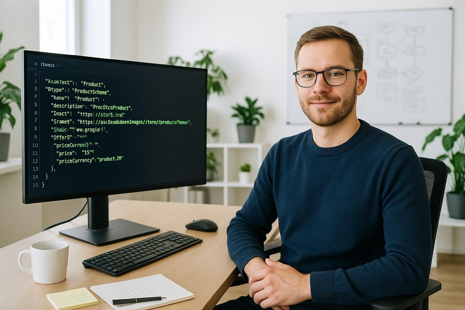 Entwickler sitzt entspannt vor einem großen Monitor, zeigt JSON-LD-Code für Product Schema Markup in einem modernen, hellen Büro mit Pflanzen und Whiteboard im Hintergrund.