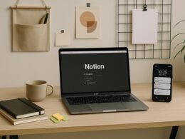 Moderner Home-Office-Arbeitsplatz mit Laptop, Notizbüchern, Kaffee und kreativer Wanddekoration, zeigt Effizienz und Flexibilität für Solopreneure.