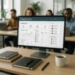 Arbeitsplatz mit großem Bildschirm, Dashboard einer Blogger Outreach Plattform, Notizbüchern, Stiften und Kaffeetasse, im hellen Büro mit Mitarbeitenden beim Arbeiten.