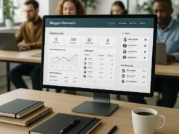 Arbeitsplatz mit großem Bildschirm, Dashboard einer Blogger Outreach Plattform, Notizbüchern, Stiften und Kaffeetasse, im hellen Büro mit Mitarbeitenden beim Arbeiten.