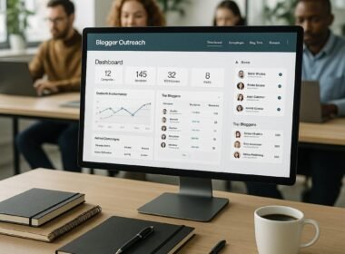 Arbeitsplatz mit großem Bildschirm, Dashboard einer Blogger Outreach Plattform, Notizbüchern, Stiften und Kaffeetasse, im hellen Büro mit Mitarbeitenden beim Arbeiten.