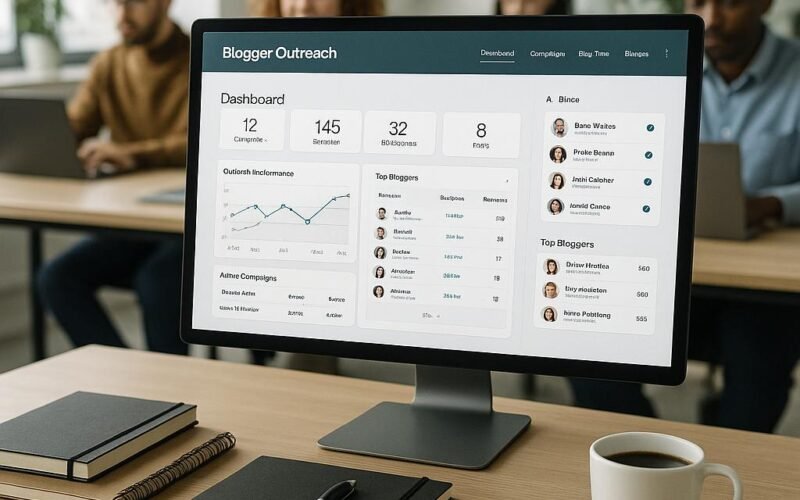 Arbeitsplatz mit großem Bildschirm, Dashboard einer Blogger Outreach Plattform, Notizbüchern, Stiften und Kaffeetasse, im hellen Büro mit Mitarbeitenden beim Arbeiten.