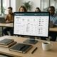Arbeitsplatz mit großem Bildschirm, Dashboard einer Blogger Outreach Plattform, Notizbüchern, Stiften und Kaffeetasse, im hellen Büro mit Mitarbeitenden beim Arbeiten.