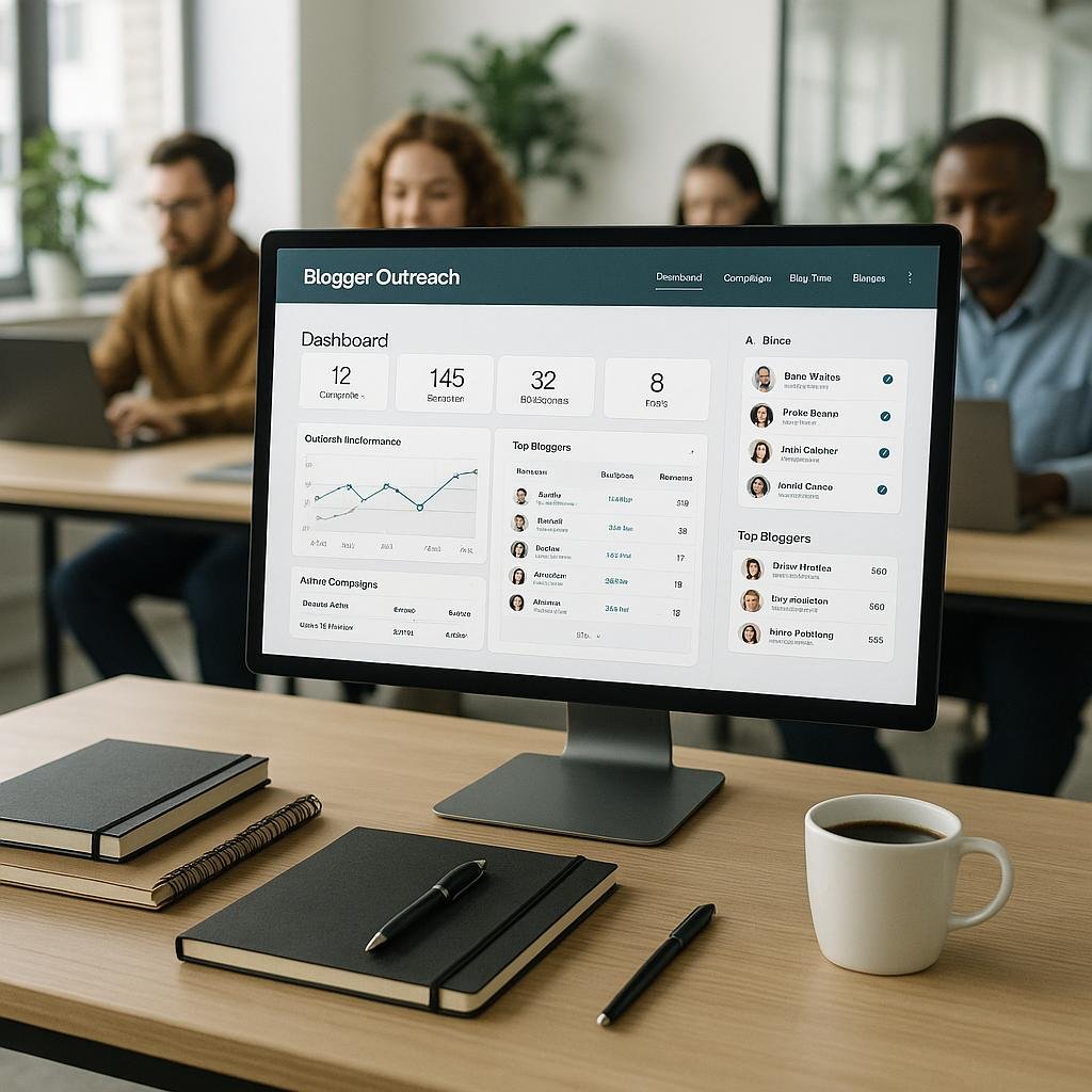 Arbeitsplatz mit großem Bildschirm, Dashboard einer Blogger Outreach Plattform, Notizbüchern, Stiften und Kaffeetasse, im hellen Büro mit Mitarbeitenden beim Arbeiten.