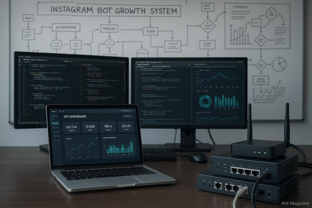 Moderner technischer Arbeitsplatz mit mehreren Monitoren, Code-Editoren, Netzwerkhardware und Whiteboard-Skizzen für Automatisierungsprozesse