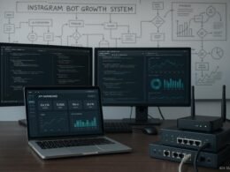 Moderner technischer Arbeitsplatz mit mehreren Monitoren, Code-Editoren, Netzwerkhardware und Whiteboard-Skizzen für Automatisierungsprozesse