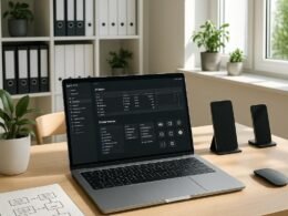 Modernes, minimalistisches Arbeitszimmer im skandinavischen Stil mit großem Schreibtisch, Laptop, Tablet, Smartphone-Halterung, Regal mit Akten und Pflanzen, helles Raumlicht und Notion-Workspace auf dem Laptopbildschirm, im Vordergrund Notizblock mit Skizzen. Credit: 404 Magazine (Tobias Hager)