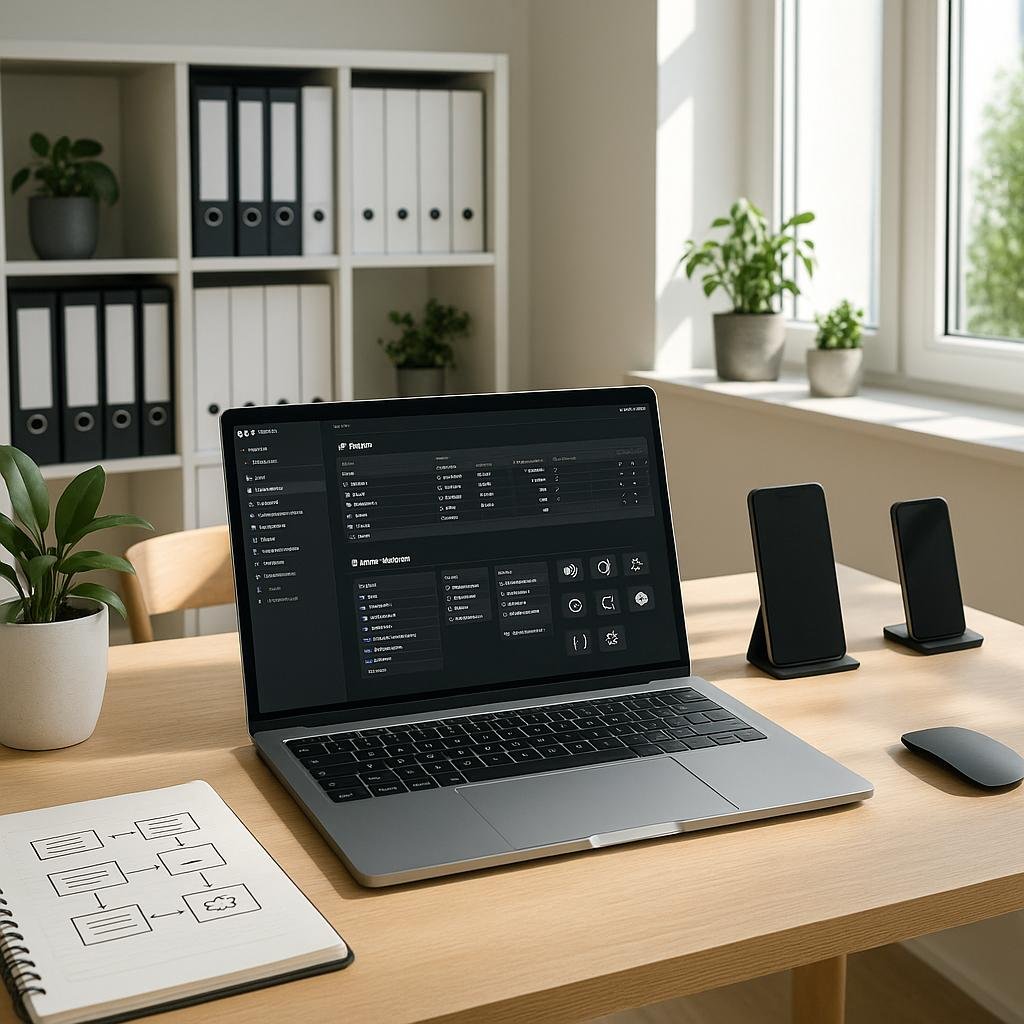Modernes, minimalistisches Arbeitszimmer im skandinavischen Stil mit großem Schreibtisch, Laptop, Tablet, Smartphone-Halterung, Regal mit Akten und Pflanzen, helles Raumlicht und Notion-Workspace auf dem Laptopbildschirm, im Vordergrund Notizblock mit Skizzen. Credit: 404 Magazine (Tobias Hager)