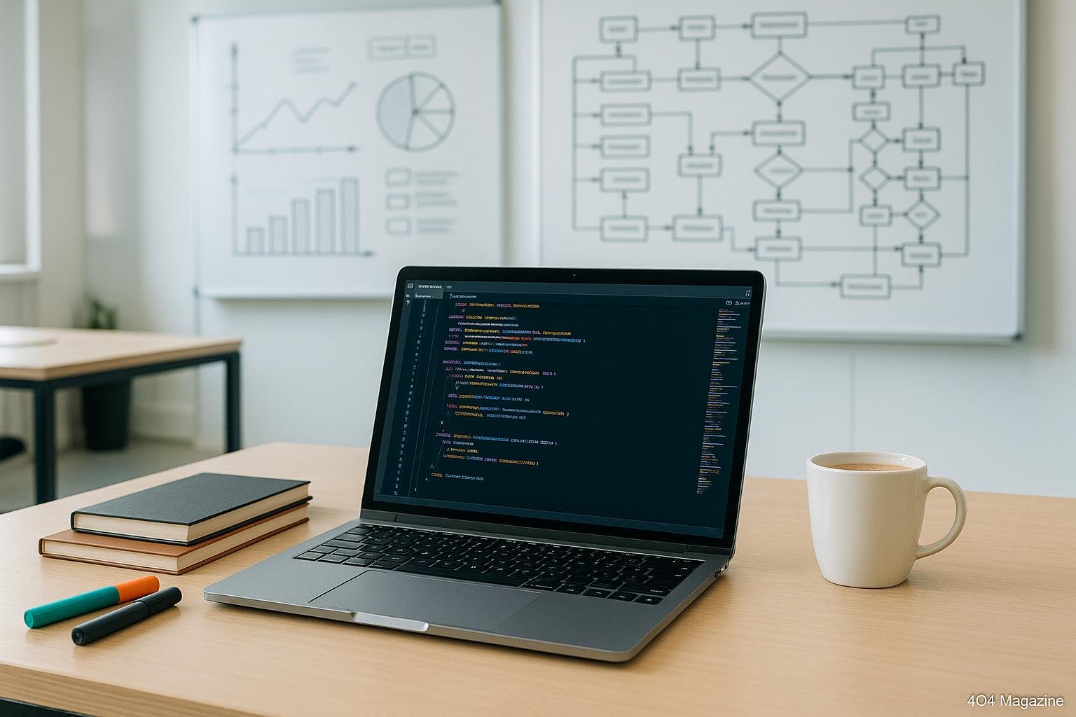 Modernes Büro mit Laptop, Code-Editor, Whiteboards und Arbeitsmaterialien, das Innovation und technologische Präzision vermittelt