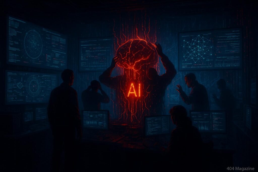 Dunkler High-Tech-Kontrollraum mit leuchtendem KI-Kern, pulsierenden Lichtern und chaosartiger Datenvisualisierung, von überwachten Profis beobachtet, Betont die Gefahr ungesicherter KI.