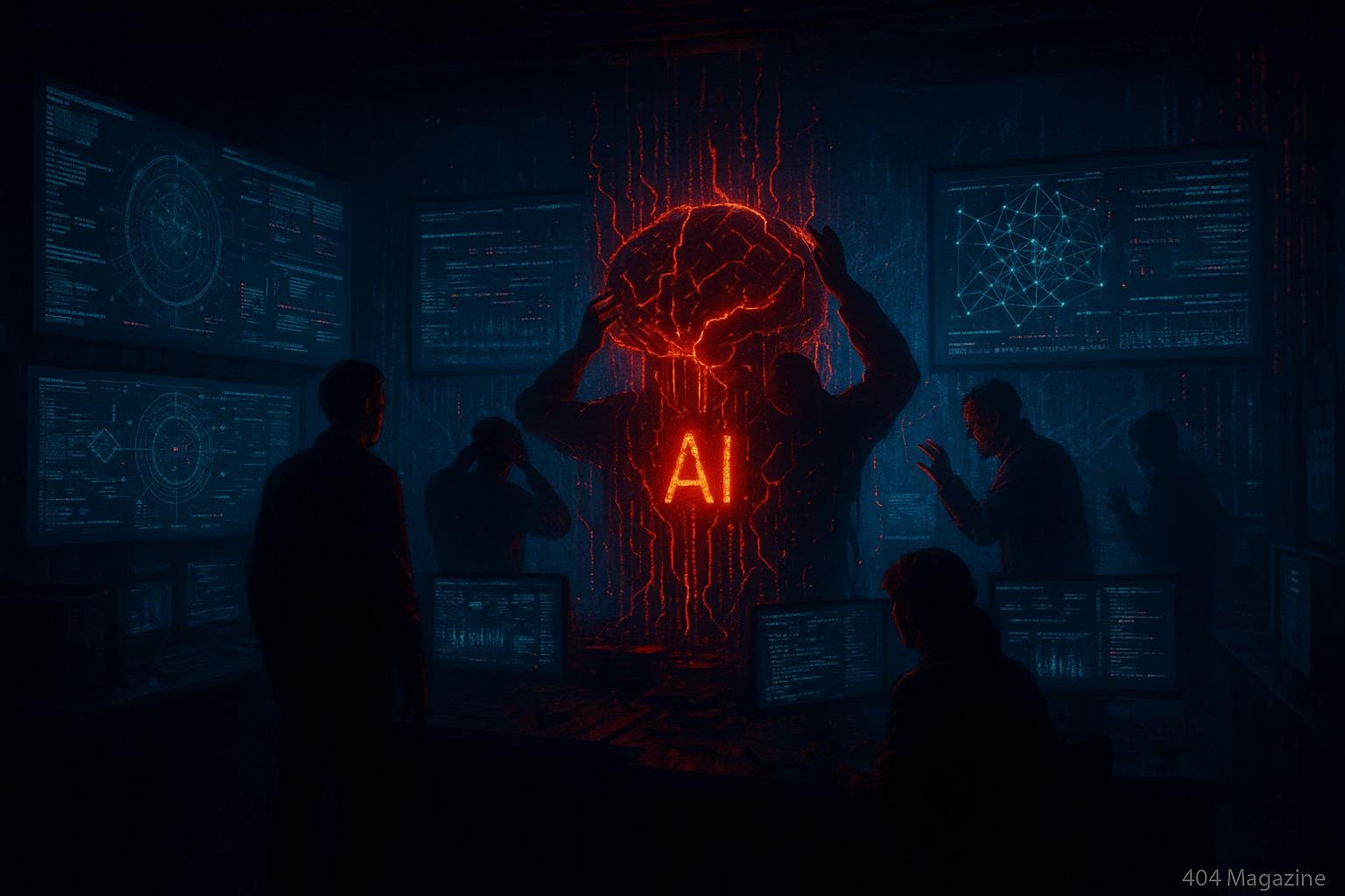 Dunkler High-Tech-Kontrollraum mit leuchtendem KI-Kern, pulsierenden Lichtern und chaosartiger Datenvisualisierung, von überwachten Profis beobachtet, Betont die Gefahr ungesicherter KI.