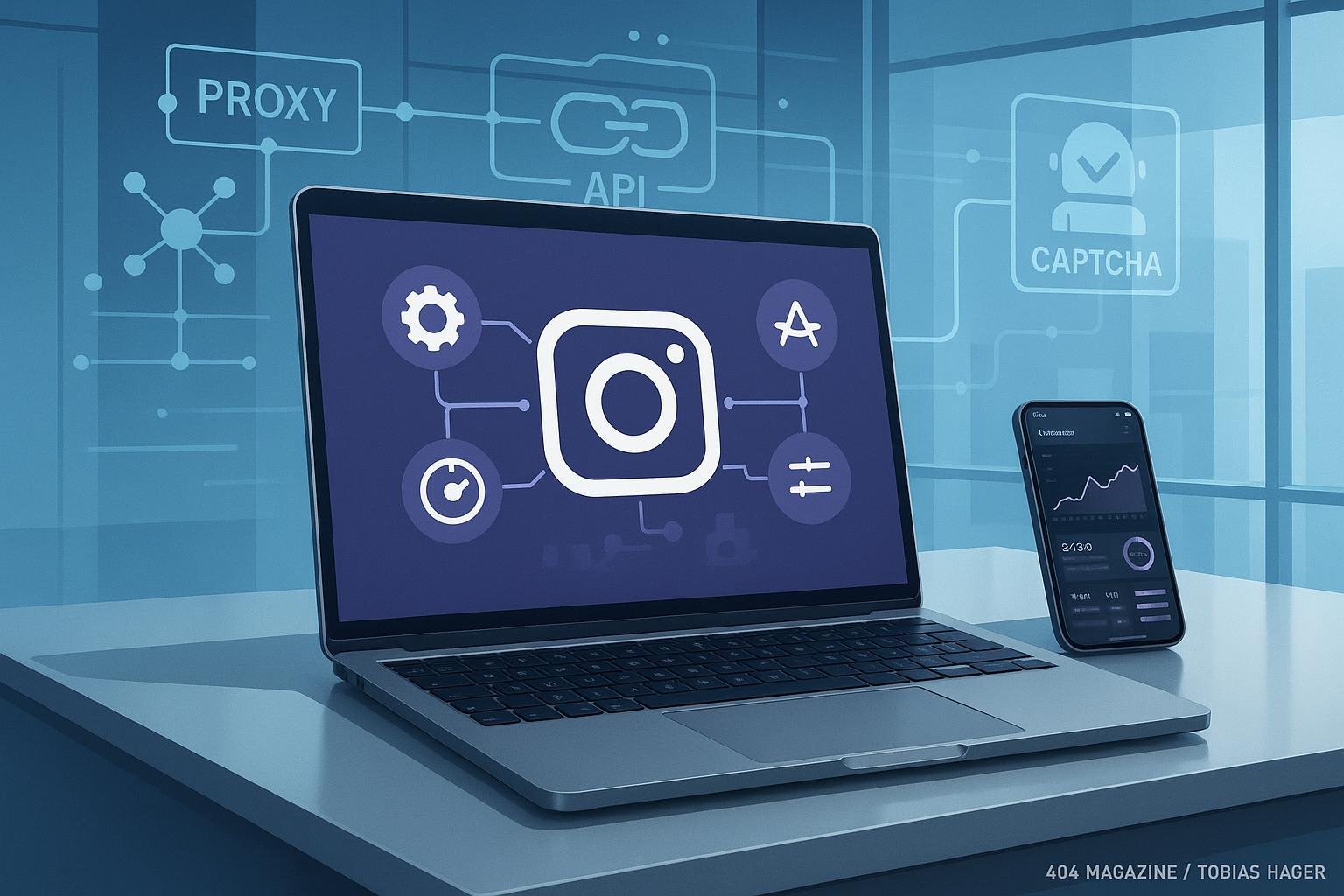 Futuristisches Büro mit Laptop, Smartphone, Automatisierungs-Icons, Analysecharts und Sicherheitsgrafiken