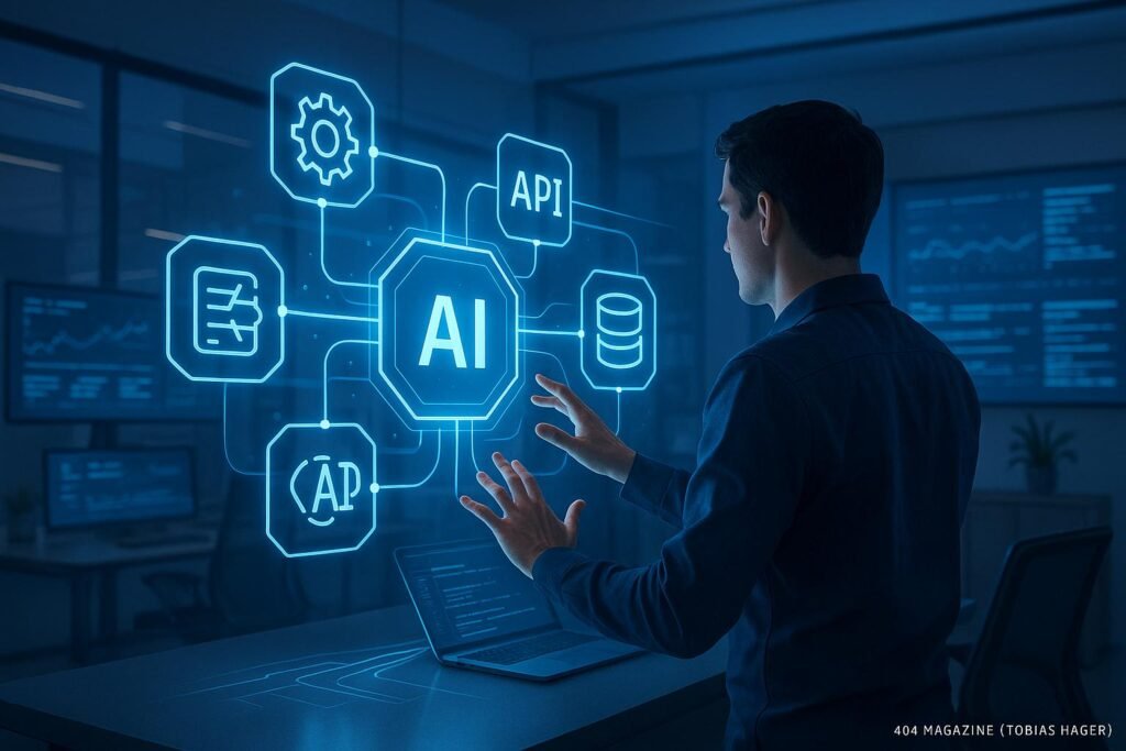 Futuristischer Arbeitsplatz mit holografischer Schnittstelle, interagierender Unternehmer, transparente Datenströme und modernem Design, erstellt von Tobias Hager für 404 Magazine.