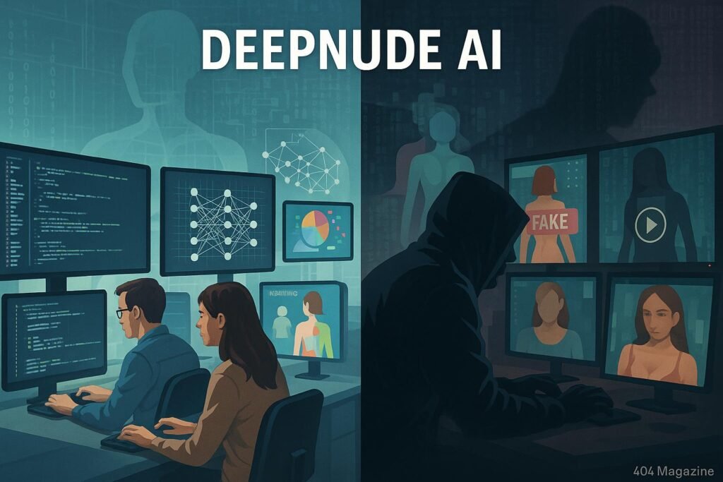 Detaillierte digitale Illustration der dualen Natur von DeepNude AI mit einer futuristischen Entwicklerumgebung und einer dunklen Szene des Missbrauchs, die ethische Grenzen hinterfragt.