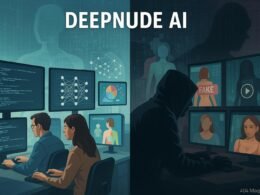 Detaillierte digitale Illustration der dualen Natur von DeepNude AI mit einer futuristischen Entwicklerumgebung und einer dunklen Szene des Missbrauchs, die ethische Grenzen hinterfragt.