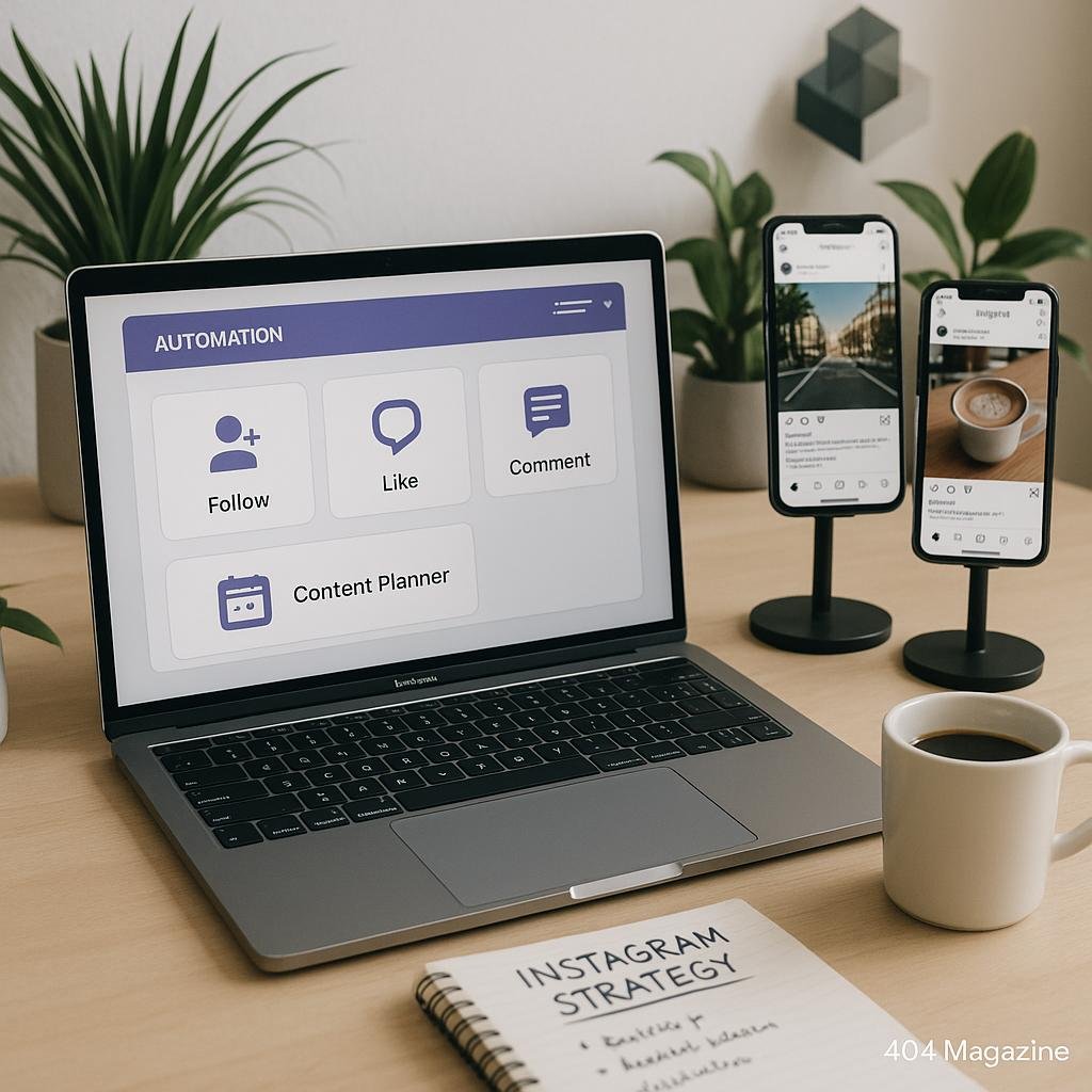 Laptop mit Automatisierungssoftware, Smartphones auf Haltern, Notizblock, Kaffee und Pflanzen in einem hellen, modernen Raum, der Produktivität fördert.