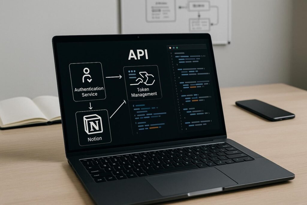 Arbeitsplatz mit Laptop, der komplexe API- und Code-Diagramme zeigt, im Hintergrund Notebook, Smartphone und Whiteboard mit technischen Skizzen, vermittelt eine Hightech-Atmosphäre