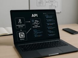 Arbeitsplatz mit Laptop, der komplexe API- und Code-Diagramme zeigt, im Hintergrund Notebook, Smartphone und Whiteboard mit technischen Skizzen, vermittelt eine Hightech-Atmosphäre