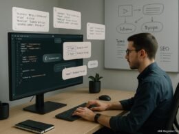 Moderne digitale Arbeitsumgebung mit Computer, Code-Visuals und weißemboard für SEO-Strategie, Credit: 404 Magazine (Tobias Hager)