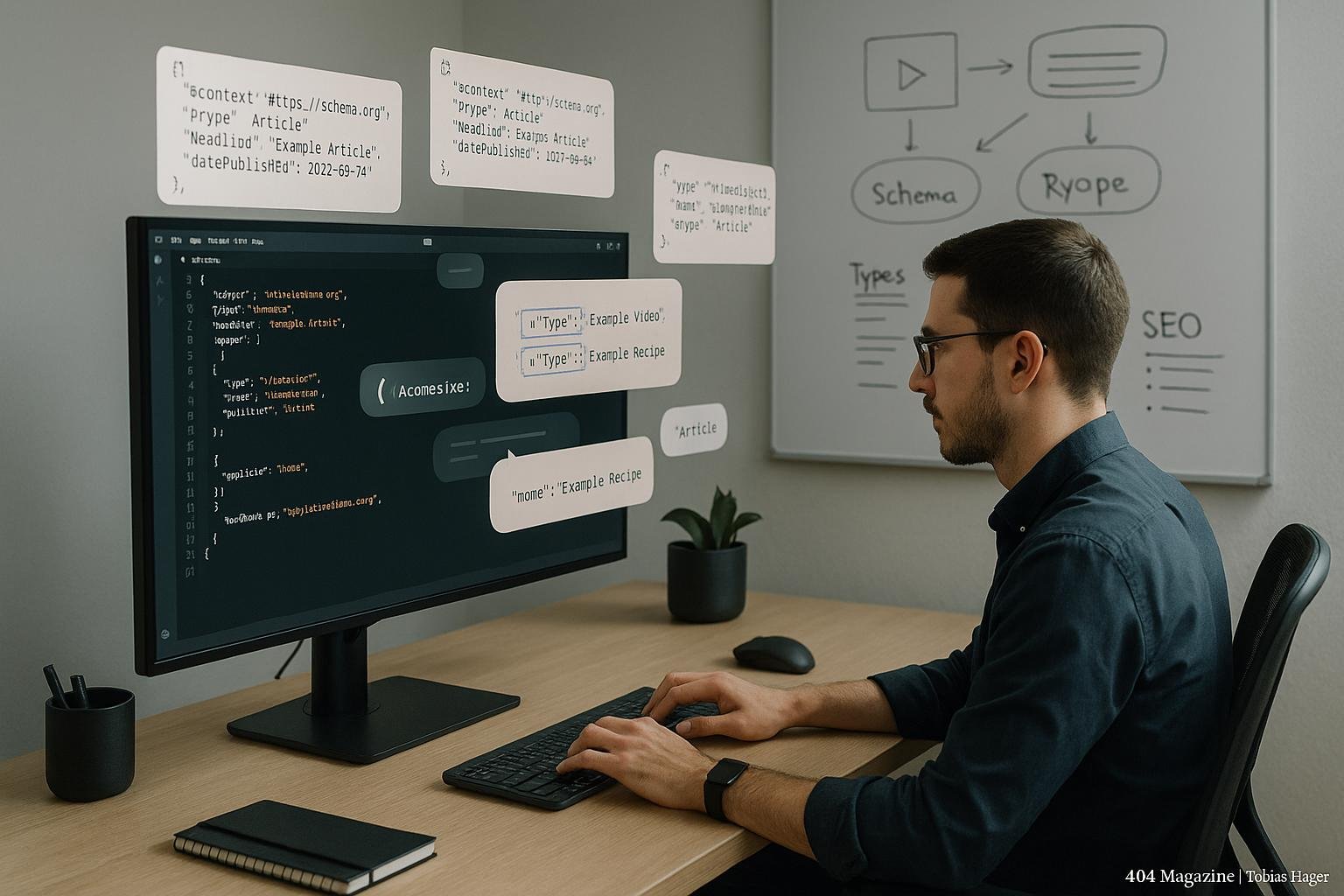 Moderne digitale Arbeitsumgebung mit Computer, Code-Visuals und weißemboard für SEO-Strategie, Credit: 404 Magazine (Tobias Hager)