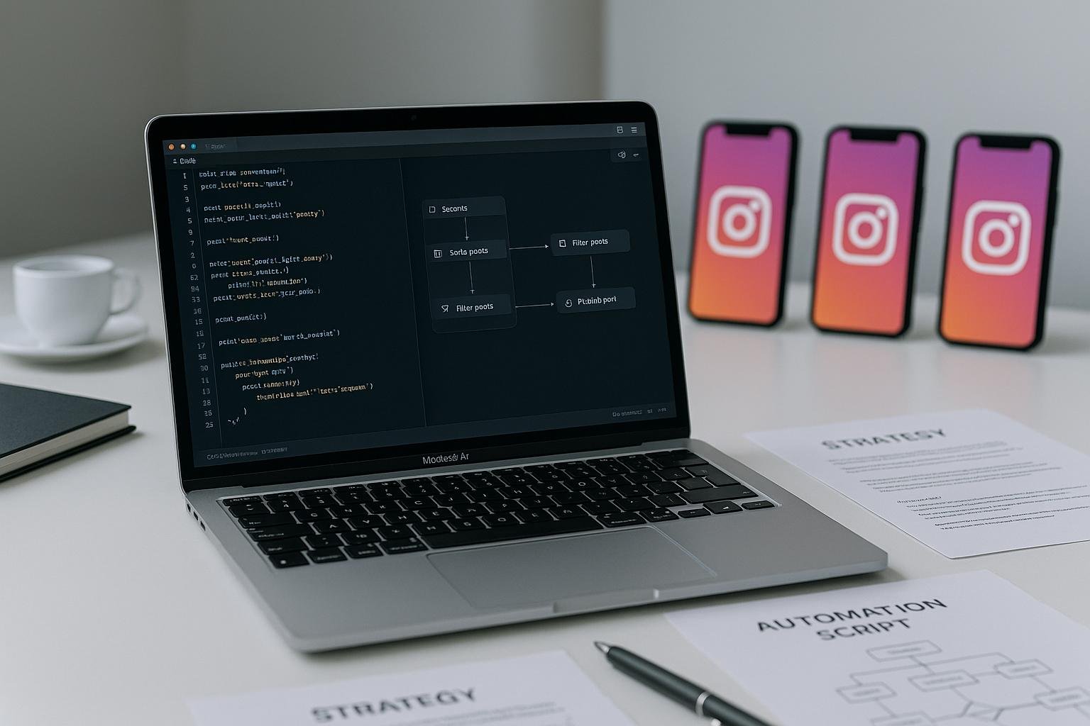 Modernes Arbeitsumfeld mit Laptop und Smartphones mit Instagram-Icons zur Social Media Automatisierung, Hintergrund mit Notizen und technischen Geräten, sauberer minimalistischer Stil.