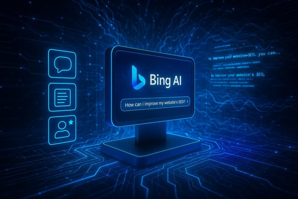 Futuristischer Bildschirm mit Bing AI-Plattform, umgeben von leuchtenden Linien, Netzwerken und holografischen Darstellungen von Sprach- und Textprozessen, visualisiert Nutzeranfragen in Echtzeit.