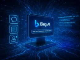 Futuristischer Bildschirm mit Bing AI-Plattform, umgeben von leuchtenden Linien, Netzwerken und holografischen Darstellungen von Sprach- und Textprozessen, visualisiert Nutzeranfragen in Echtzeit.