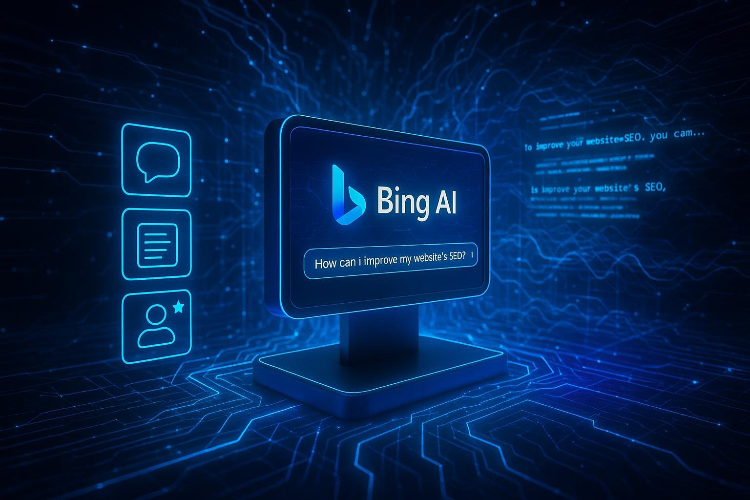 Futuristischer Bildschirm mit Bing AI-Plattform, umgeben von leuchtenden Linien, Netzwerken und holografischen Darstellungen von Sprach- und Textprozessen, visualisiert Nutzeranfragen in Echtzeit.