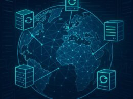 Futuristische Darstellung eines globusförmigen Netzwerks mit Server-Icons, Verbindungslinien und schematischen Server-Racks im Hintergrund, in Blau und Grün gehalten.