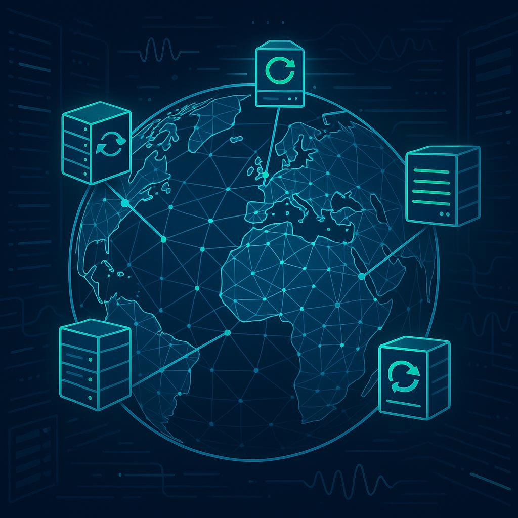 Futuristische Darstellung eines globusförmigen Netzwerks mit Server-Icons, Verbindungslinien und schematischen Server-Racks im Hintergrund, in Blau und Grün gehalten.