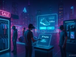 Virtuelle Einkaufswelt mit digitalen Produktständen, VR-Nutzern, holographischer Oberfläche und futuristischer Stadt im Hintergrund