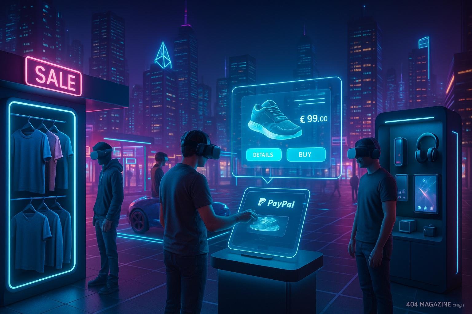 Virtuelle Einkaufswelt mit digitalen Produktständen, VR-Nutzern, holographischer Oberfläche und futuristischer Stadt im Hintergrund