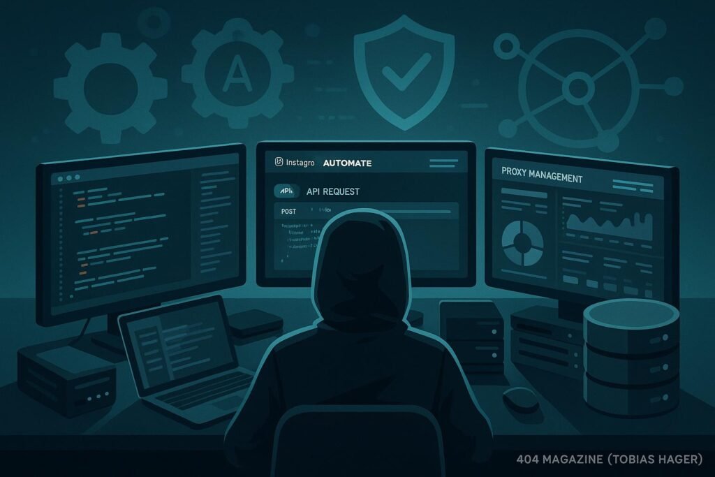 Person in Hoodie vor mehreren Monitoren mit Code, API-Requests und Proxy-Management, umgeben von technischen Geräten und Symbolen für Automatisierung und Sicherheit.
