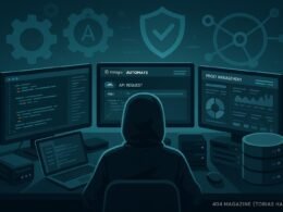 Person in Hoodie vor mehreren Monitoren mit Code, API-Requests und Proxy-Management, umgeben von technischen Geräten und Symbolen für Automatisierung und Sicherheit.