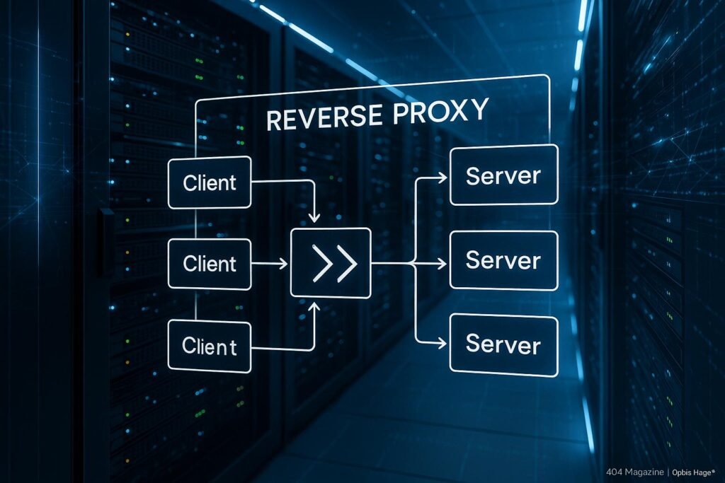 Modernes Serverraum mit Netzwerkdiagrammen und Reverse Proxy Visualisierung, beleuchtet mit blauen LED-Lichtern und futuristischer Digitalanimation
