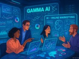 Futuristisches Büro mit digitalen Bildschirmen, holografischen Visualisierungen und einem Team, das Strategien bespricht, hinter einem Serverraum voller blinkender Lichter bei Gamma AI.