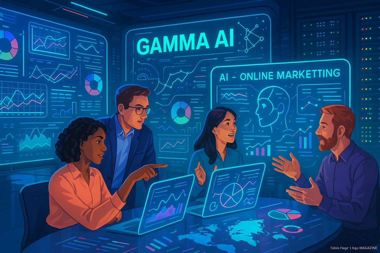 Futuristisches Büro mit digitalen Bildschirmen, holografischen Visualisierungen und einem Team, das Strategien bespricht, hinter einem Serverraum voller blinkender Lichter bei Gamma AI.