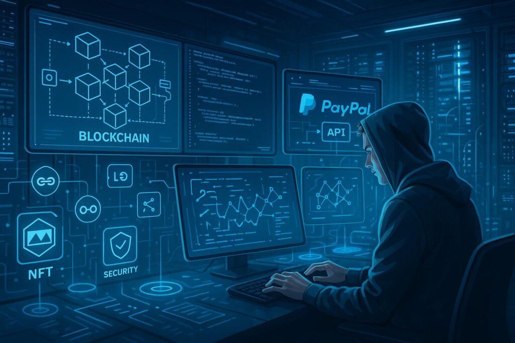 Futuristisches Kontrollzentrum mit Bildschirmen, holographischen Interfaces und einem Programmierer vor einem High-Tech-Serverraum, visualisiert Blockchain und Krypto-Assets