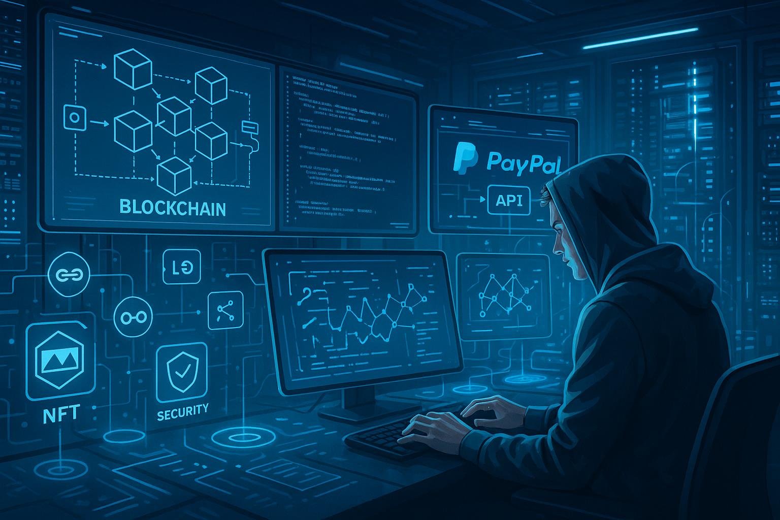 Futuristisches Kontrollzentrum mit Bildschirmen, holographischen Interfaces und einem Programmierer vor einem High-Tech-Serverraum, visualisiert Blockchain und Krypto-Assets