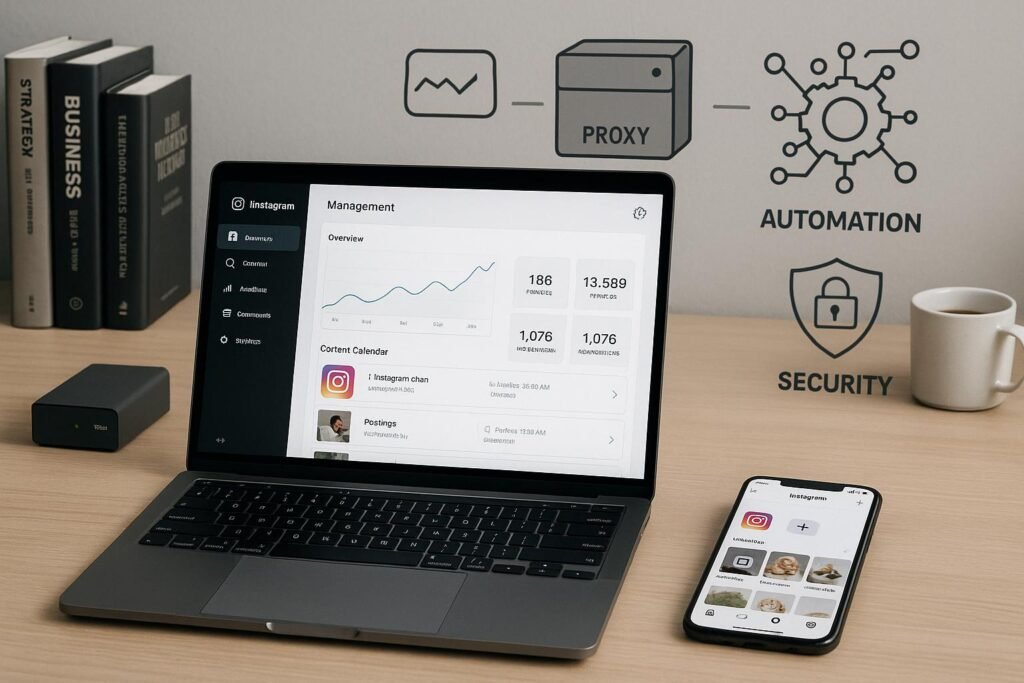 Moderner Arbeitsplatz mit Laptop, Smartphone, Strategie-Büchern, Proxy-Server und Infografiken zu Automatisierung und Sicherheit, strahlt Fokus und Professionalität aus