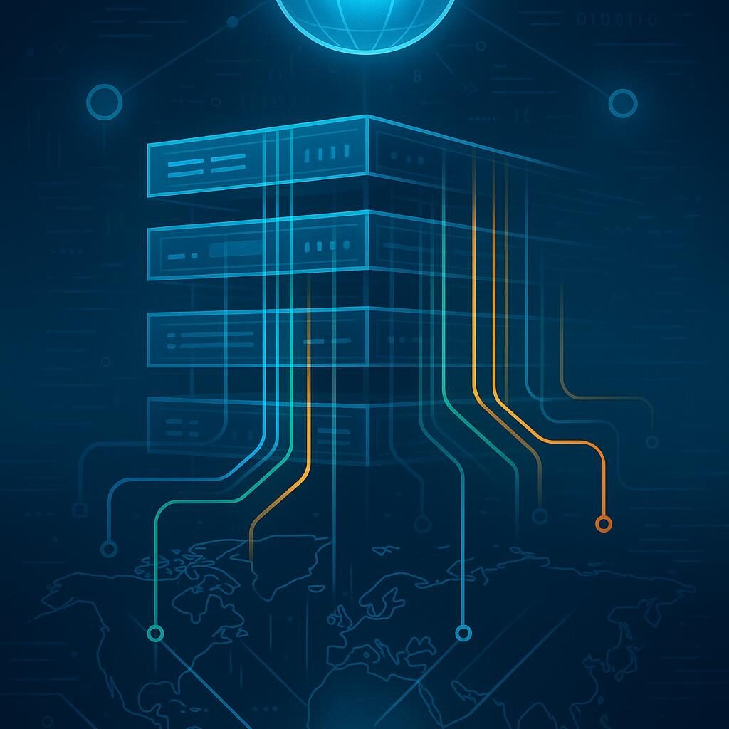 Stilisiertes Rechenzentrum mit Server-Racks, Netzwerkverbindungen, globaler Karte und Edge Nodes als leuchtende Sphären für schnelle Content-Auslieferung
