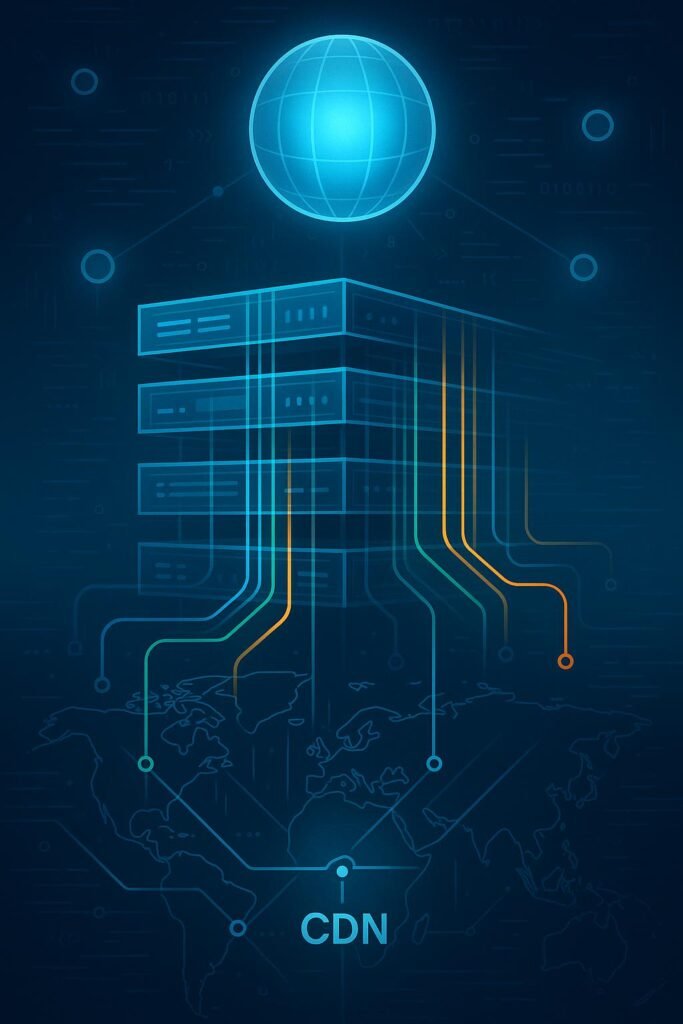 Stilisiertes Rechenzentrum mit Server-Racks, Netzwerkverbindungen, globaler Karte und Edge Nodes als leuchtende Sphären für schnelle Content-Auslieferung