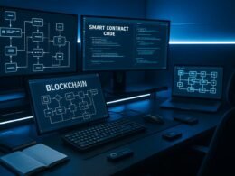 Futuristisches Arbeitszimmer mit Monitoren, Blockchain-Diagrammen, Smart Contracts, Hardware Wallets und LED-Beleuchtung